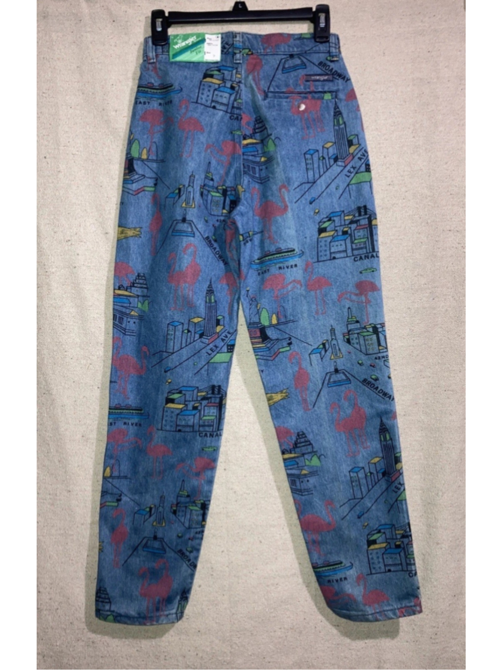 Vintage Wrangler Pink Flamingo Denim Blue Jeans New York All Over Print Womens 9 - Picture 4 of 16